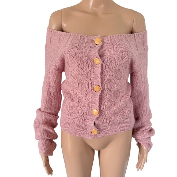 Abercrombie Y2K Wool Pink Off Shoulder Cardigan Soft Girl Coquette Barbiecore XL - Picture 3 of 8